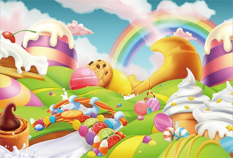 AOFOTO 5x3ft Candyland Backdrop Fantasy Giant Lollipop Candy Land Candy Themed Party Decorations Banner Cartoon Rainbow Ice Cream Dessert Shop Decor Background Kids Baby Birthday Photoshoot Props - Image 1